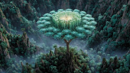 Naklejka premium Surreal glowing tree on misty mountain landscape fantasy