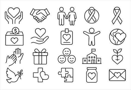 Premium Icons Pack on Human Care and Charity. Such Line Signs as Volunteering and Social Help, Support Kindness and Friendly Relations. Vector Icons Set for Web and App Outline Editable Stroke.