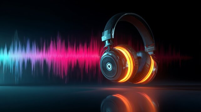 Glowing headphones with vibrant audio waveform, premium podcast concept, bright colorful digital background