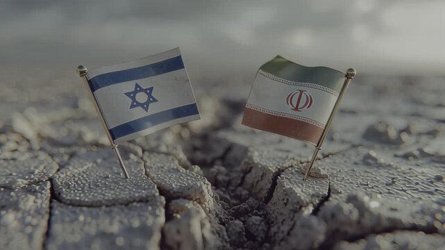 Flags of Israel and Iran stand on cracked ground reflecting tensions between the two nations in a changing world