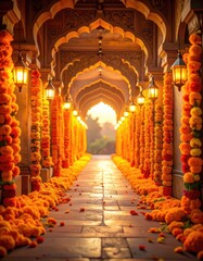 Fototapeta premium A vibrant, sun-drenched corridor adorned with marigolds leads towards a bright, ethereal light, showcasing intricate architectural details and a sense of serene beauty.