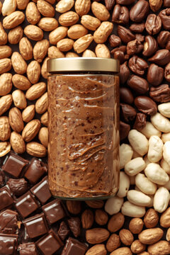 Jar of Chocolate Nut Spread with Assorted Ingredients on Dark Background
