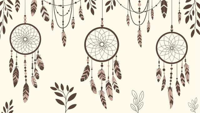 Beautiful bohemian style dreamcatchers with delicate feathers and leaves hanging against a soft cream colored background.