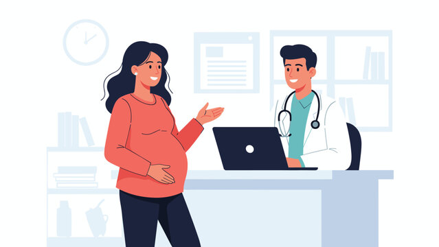 Pregnant woman having a medical consultation with a male doctor sitting at a desk with a laptop in a clinic.