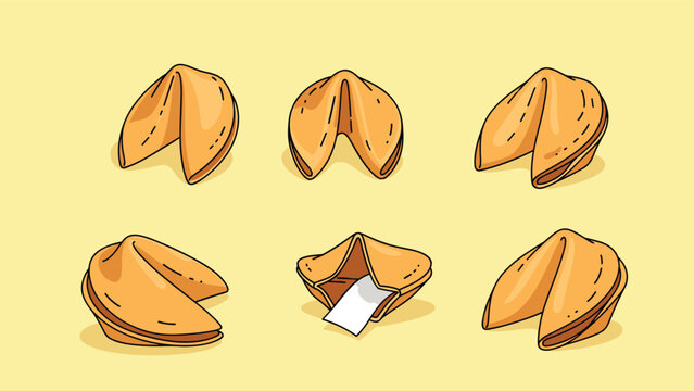 Set of six hand drawn fortune cookies are shown in various angles with one cracked open to reveal a blank white paper strip for messages.