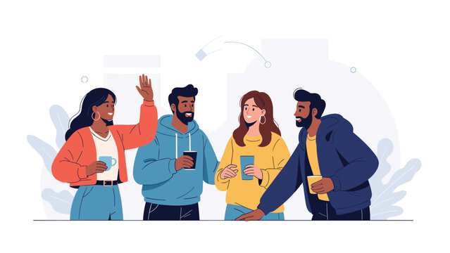 Group of diverse coworkers stands together in a modern office space having a friendly conversation while holding their morning coffee cups.