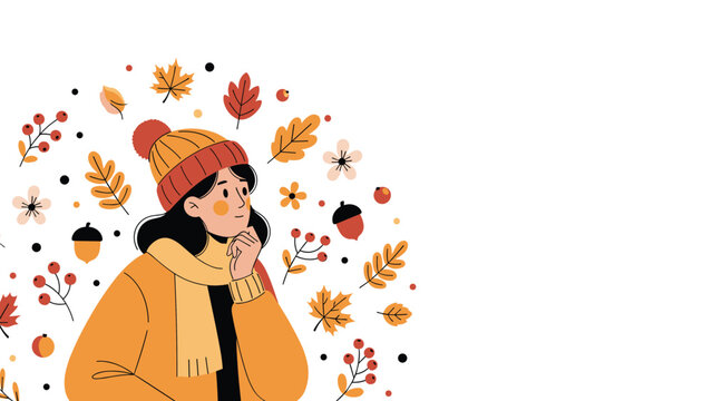 Young woman in a cozy yellow sweater and hat thinks deeply while surrounded by falling autumn leaves, acorns, and berries on a white background.