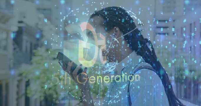 Woman raising phone, speaking requesting 5G, causing graphic particles overlaying sidewalk