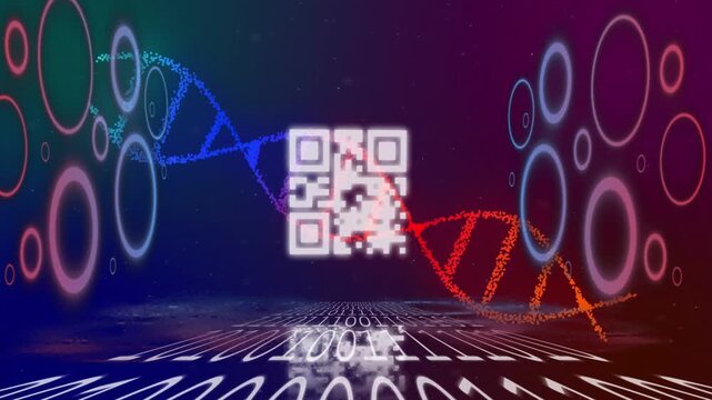 QR code appearing, blue and red strands forming and weaving, rings pulsing, showing data fusion
