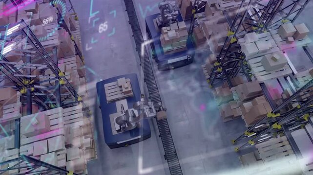 Two AMRs moving warehouse, right AMR reaching conveyor, extending arm, sorting pallets with AR HUD