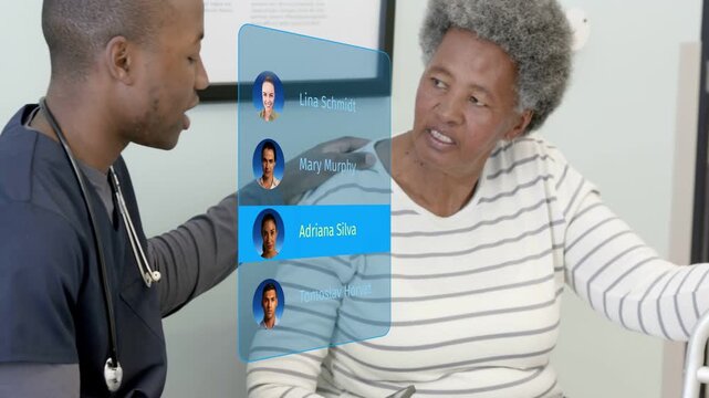 Clinician placing hand on patient and cycling floating contacts, selecting contact for medical care