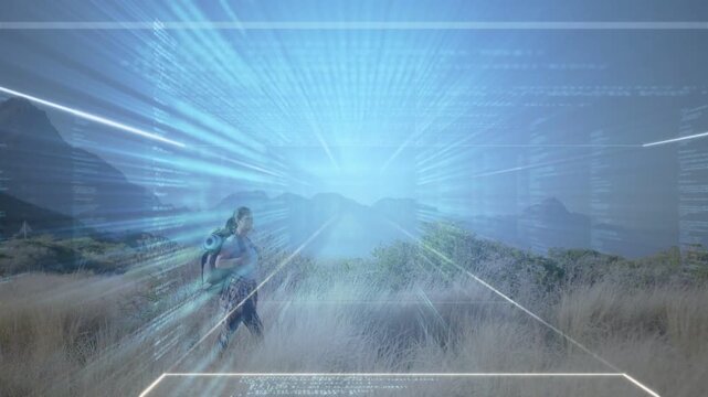 Hiker walking in frame, activating AR tech overlay with beams and data, scanning horizon for route