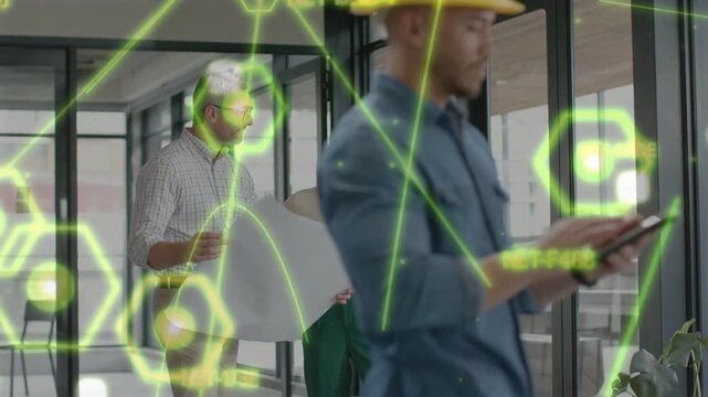 Vertical video: Pointing lady in pants, man aligning plan in glass room, hardhat checking tablet AR