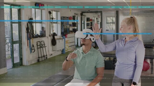 Instructor raising hand and HUD activating, man wearing VR mirroring reaching grasping for rehab