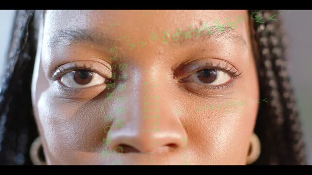 Woman holding steady while green overlay starting biometric scan, eyes making micro gaze shifts
