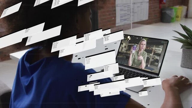 Incoming UI panels drifting woman moving hand on pad revealing remote speaker on laptop biz call