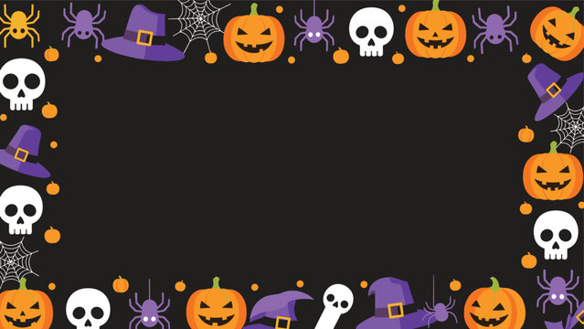 Festive Halloween frame featuring pumpkins, skulls, spiders, witch hats, and spiderwebs on a dark background for party invitations.