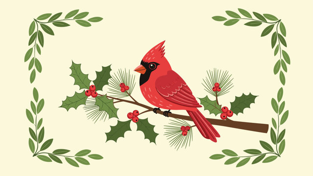Vibrant red cardinal bird perched on a pine branch with holly leaves and red berries, framed by green leafy borders on a cream background.