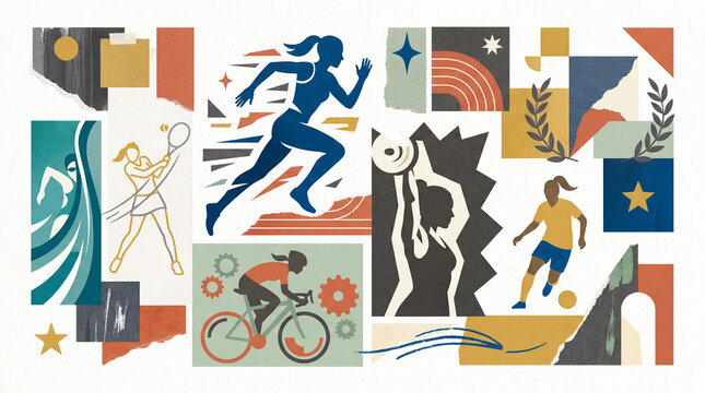 sports collage with female athletes competing in various in disciplines like running swimming tennis cycling weightlifting and soccer