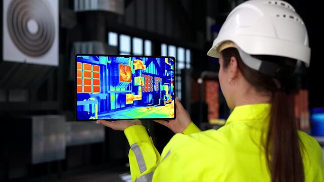 Technician Using Tablet To Inspect HVAC System Energy