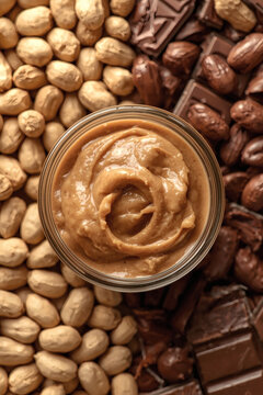 Creamy Nut Butter in Jar with Whole Nuts and Chocolate Bar Pieces