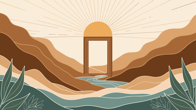 Bohemian style landscape illustration showing a glowing sun over desert mountains with a river and plants.