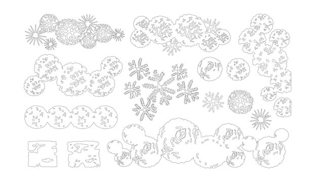 Architectural landscape symbols in top view, black and white tree plan icons for site mapping, minimalist garden design vector elements