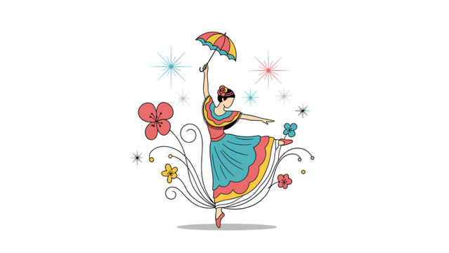 Elegant Mexican dancer wearing a traditional colorful dress and holding a small patterned umbrella.