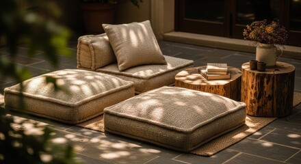 Fototapeta premium Natural Ecru Textured Square Floor Cushions Arranged for Comfortable Outdoor Seating on Patio