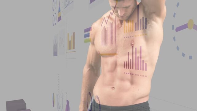 Male fitness model posing in studio, charts sliding in from left aligning with torso for fitness