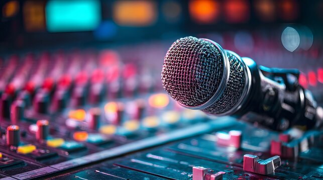 Professional microphone and audio mixer on recording desk, bright studio lighting, vivid color tones, detailed podcast studio interior