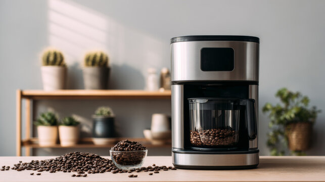 Modern coffee maker with roasted beans on kitchen counter in soft morning light