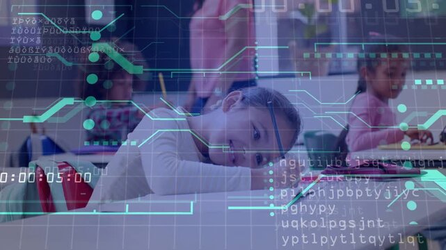 Student lifting head, meeting gaze in classroom as teacher walking, teal HUD showing code timestamp