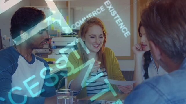 Red-haired woman handing sheet, team reviewing mockups for marketing while animated text overlaying