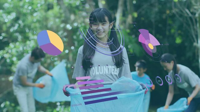 Girl holding open blue bag, team picking litter for environment, data charts overlaying foreground