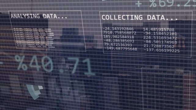 Data stream starting HUD assembling on grid glass, pie rotating, bars growing, showing city metrics