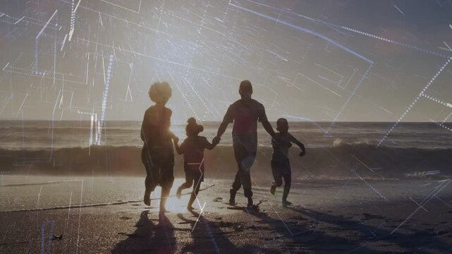Parents holding hands urging running and swinging footprints light streaks over shadows for travel