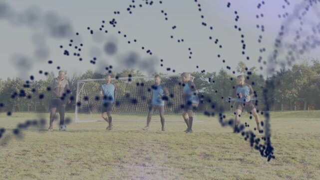 Coach cueing team running toward goal for soccer practice, dotted arc overlay passing over team