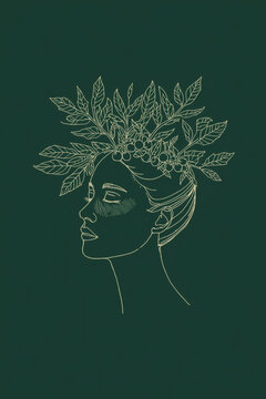 Minimalist Line Art Sketch of Woman with Botanical Headpiece on Green Background