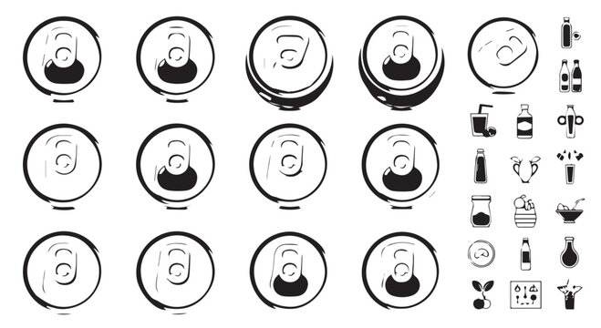 Collection of stylized black and white icons of soda cans and small objects with soda can drink can white background monochrome collection