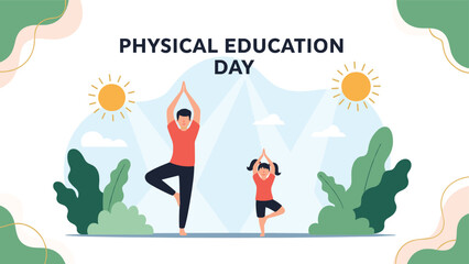 Fototapeta premium Man and young girl practicing yoga tree pose together outdoors in a sunlit park celebrating physical education day.