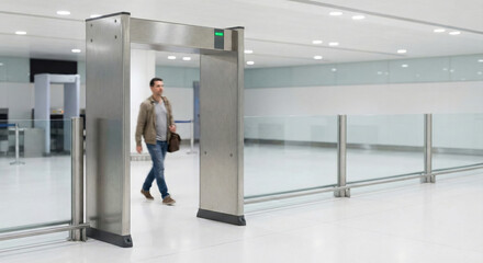 Fototapeta premium Man walking through a metal detector archway at an airport security checkpoint