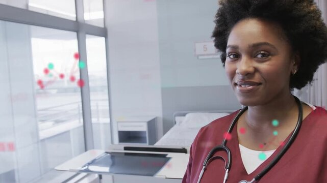 Nurse reading vitals, turning and smiling as animated nodes appearing over window and stethoscope