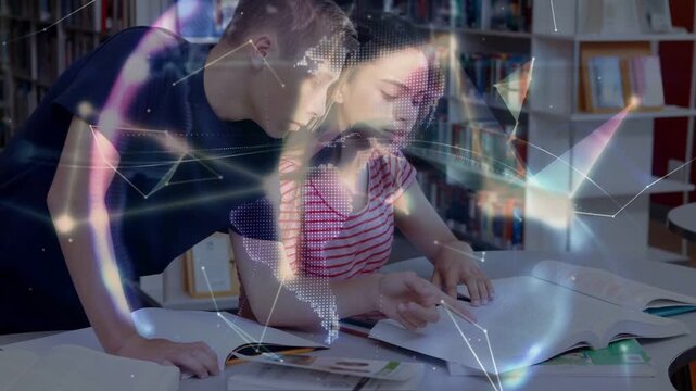 Male teen pointing while female teen tracking textbooks, causing globe overlay for group study