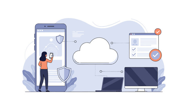 Security and cloud computing concept with a woman managing data across multiple digital devices like smartphones and laptops.