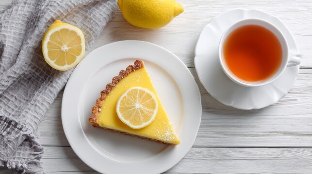 Lemon tart slice on white plate with tea cup and fresh lemons on white wooden table