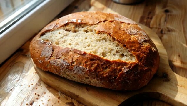 Freshly baked rustic sourdough bread loaf on a wooden cutting board by a window during the day.