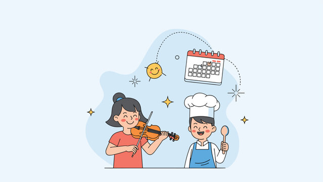 Happy young children participating in diverse extracurricular activities like playing the violin and cooking.