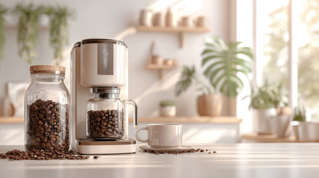 Coffee maker with roasted beans and cup in bright modern kitchen interior