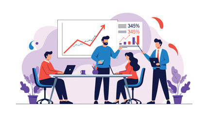 Fototapeta premium Business team working together in an office analyzing growth charts and financial data on a whiteboard presentation.